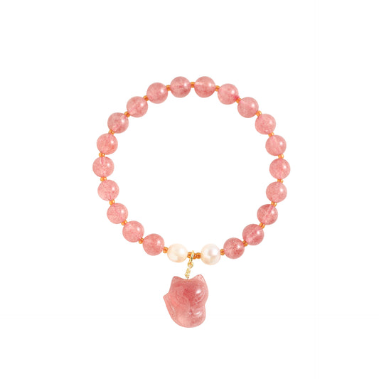 Fox Pendant Strawberry Crystal Bracelet with Pearl Boudoir Bracelet