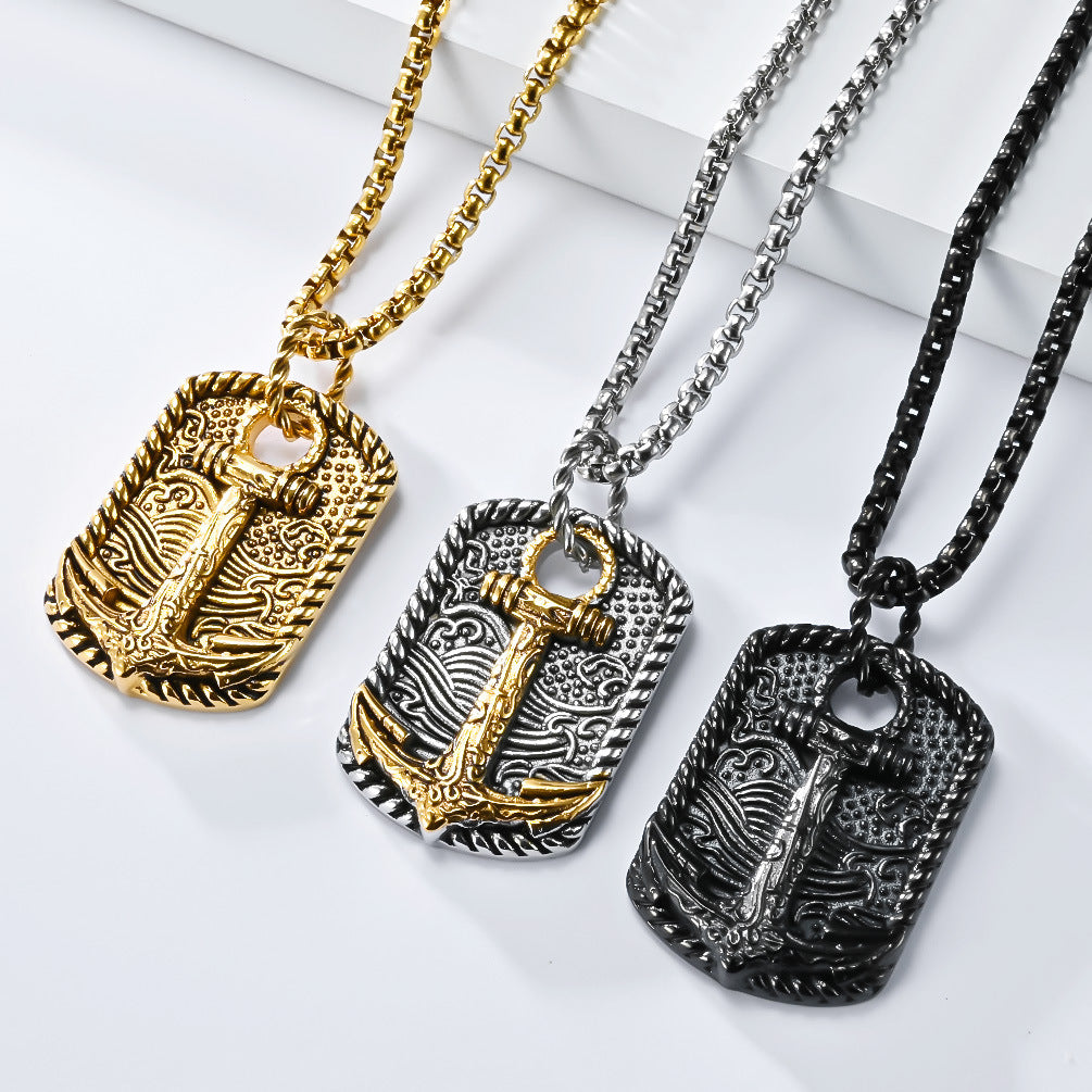 Planderful Titanium Steel Anchor Necklace for Men Retro Wave Design Durable Pendant