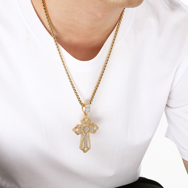 Bear Paw Pendant, Hip-Hop Three-Dimensional Double-Layer Cross Inlaid With Zircon Pendant, Titanium Steel Necklace