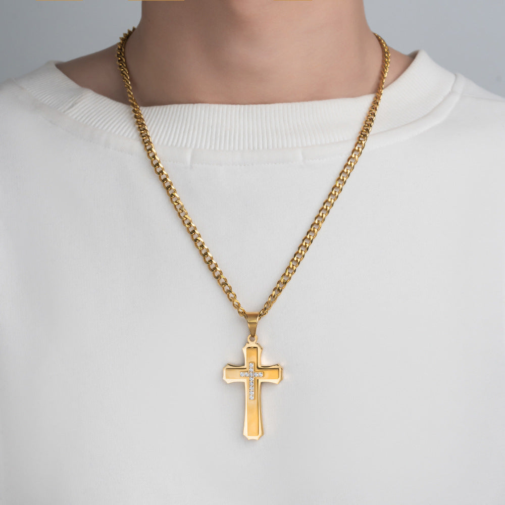 1. Planderful Cross Pendant Necklace in Titanium Steel with Three Layer Zircon for Unisex Elegant Gift