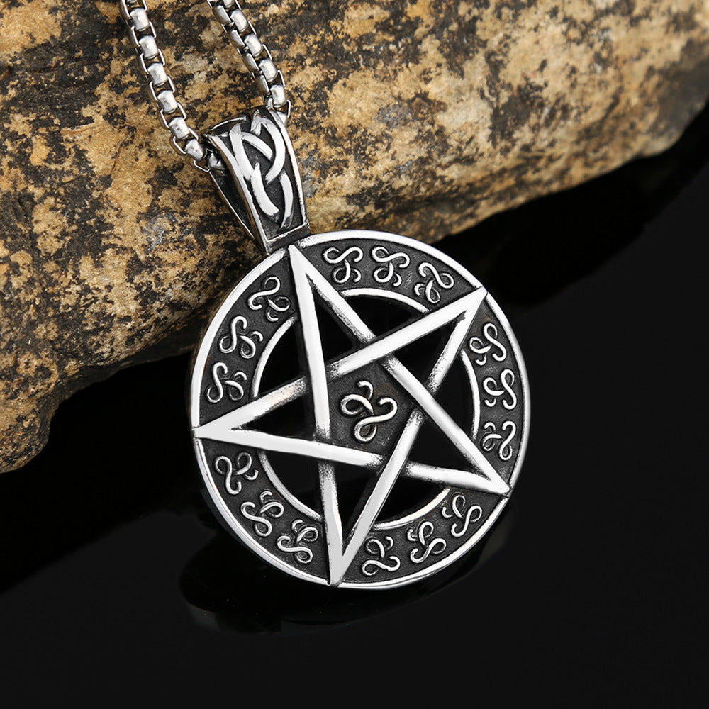 Titanium Steel Men's Trend Necklace Round Pentagram Pendant