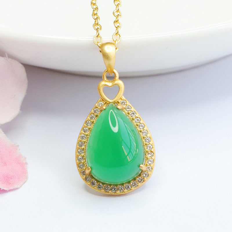 Droplet Pendant Necklace with Green Chalcedony and Zircon Details