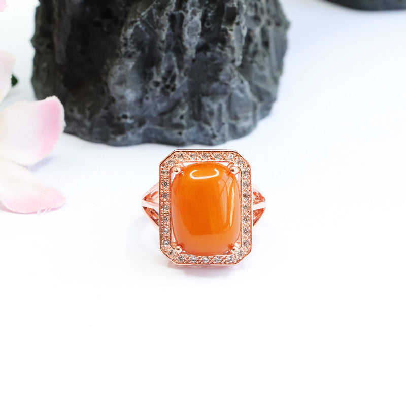 Natural Oval Russian Amber Zircon Halo Ring with Sterling Silver Needle