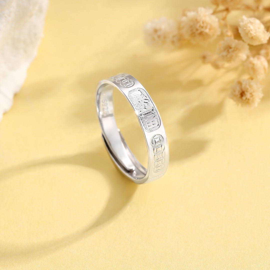 Planderful S925 Sterling Silver Coin Ring For Women Adjustable Opening Retro Chinese Style Jewelry
