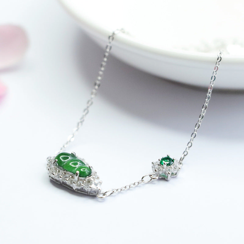 Burmese Jade Sterling Silver Bracelet with Natural Imperial Green Inlaid Ice Jade