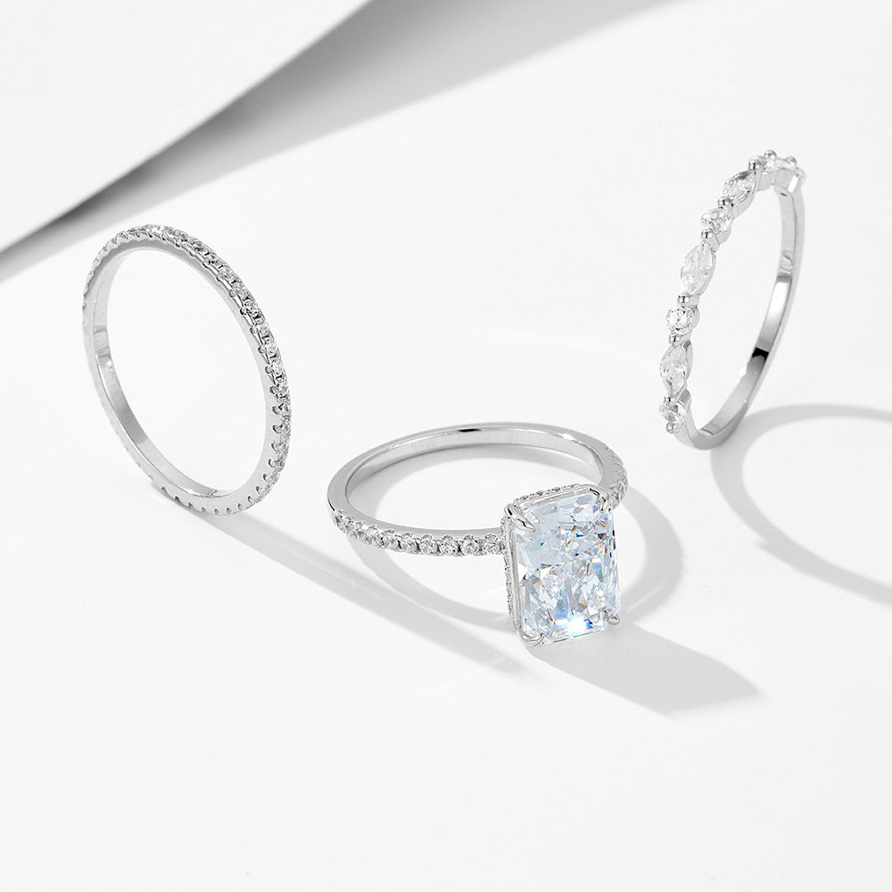 Planderful S925 Sterling Silver Zircon Ice Flower Ring Set For Women Elegant Light Luxury Jewelry