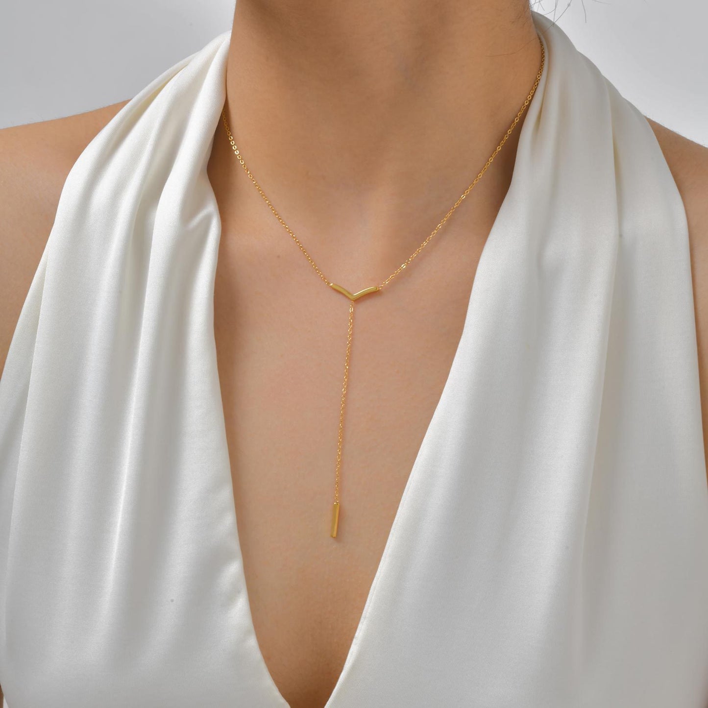 Stainless Steel Flat Cross Chain Y-Shaped Gold-Plated Necklace Women