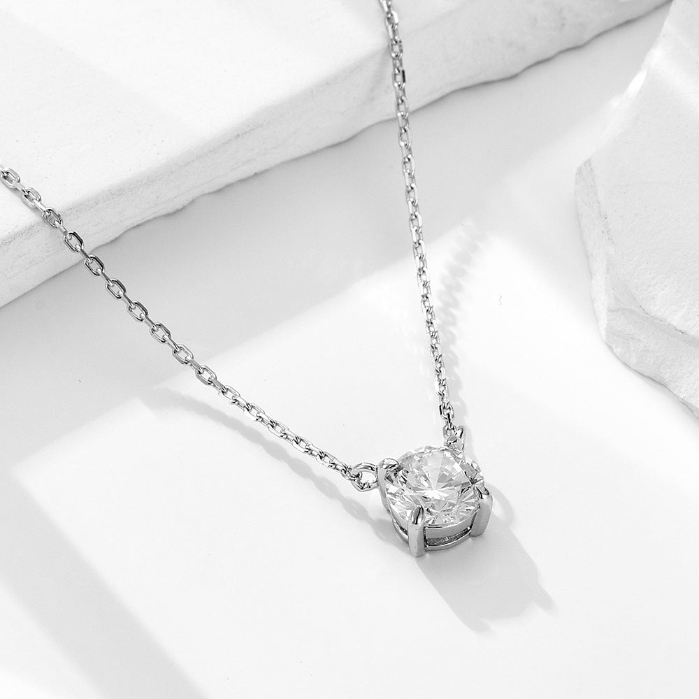 S925 Sterling Silver Round Zircon Pendant Necklace Single