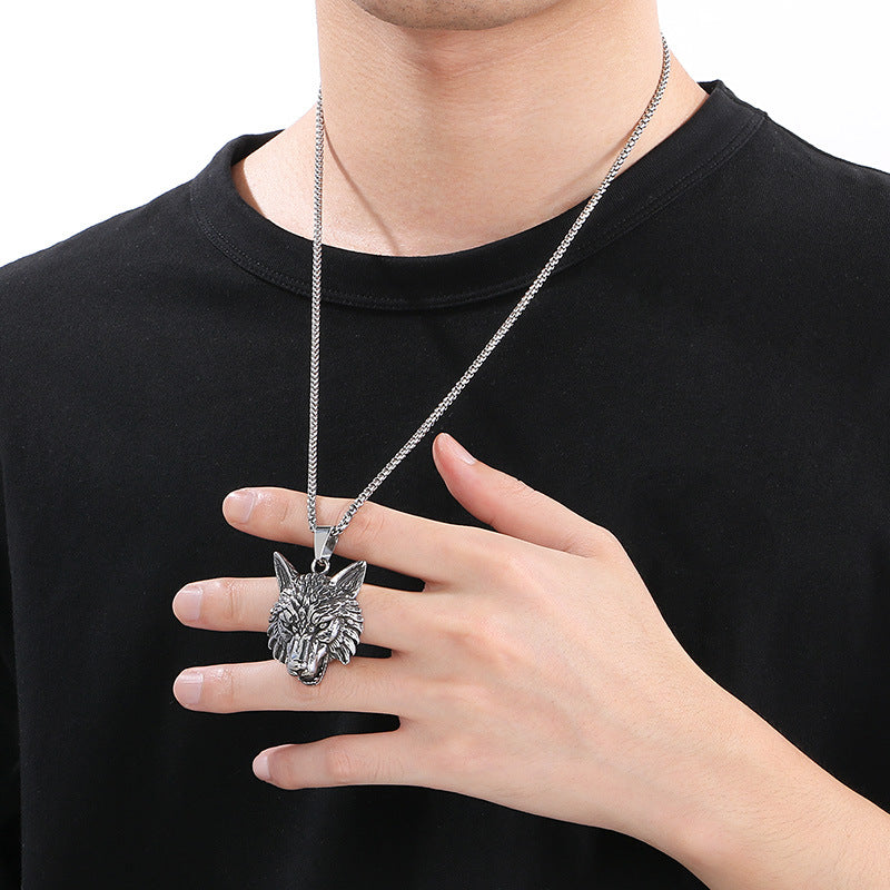 Animal, Punk Retro Viking Direwolf Head Stainless Steel Pendant For Men Necklace