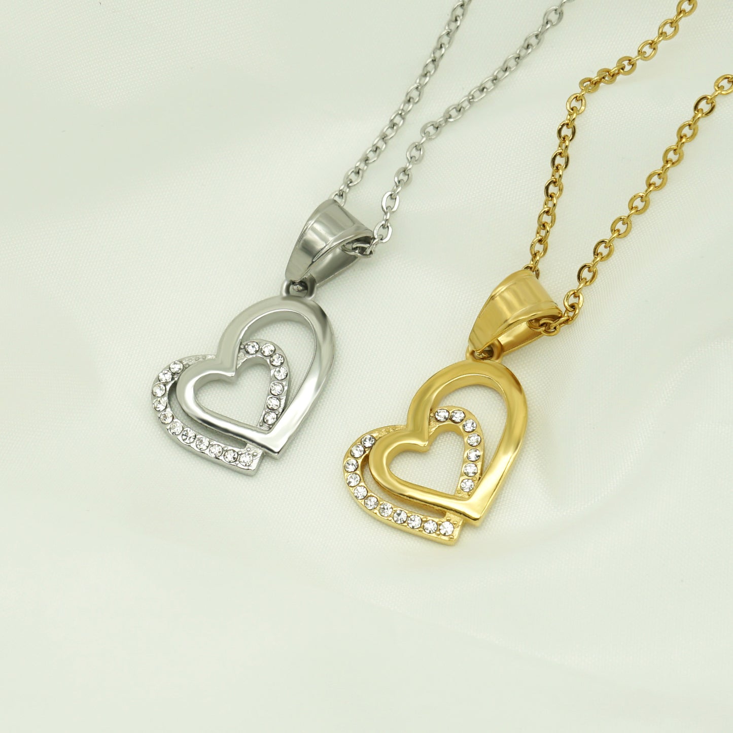 Planderful Double Heart Necklace Titanium Steel Pendant With Zircon For Her Elegant Versatile Gift