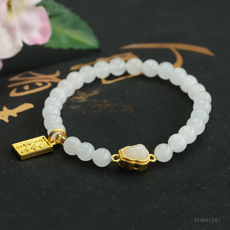White Hetian Jade Gourd Bead Bracelet