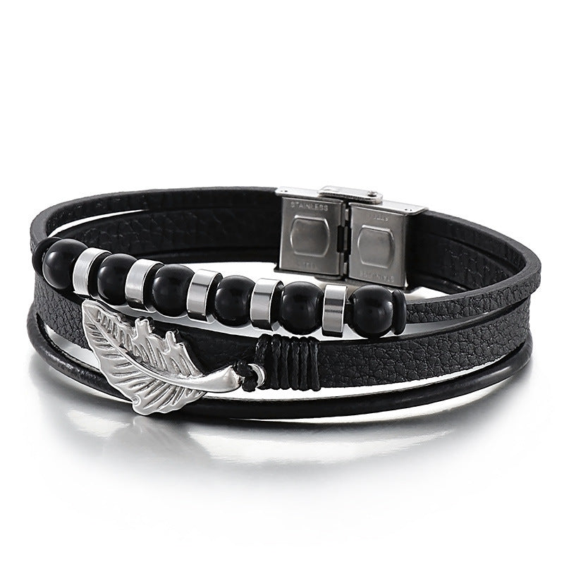 Planderful Multi Layer Feather Woven Leather Bracelet For Men