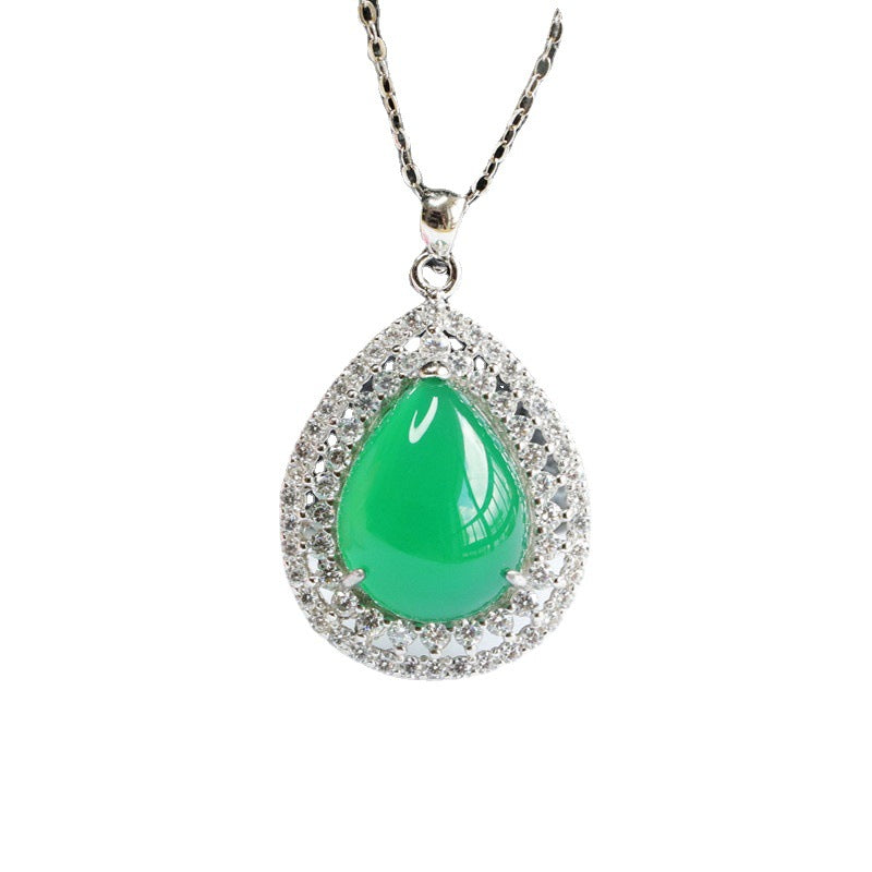 Sterling Silver Chalcedony Pendant Necklace with Zircon Halo