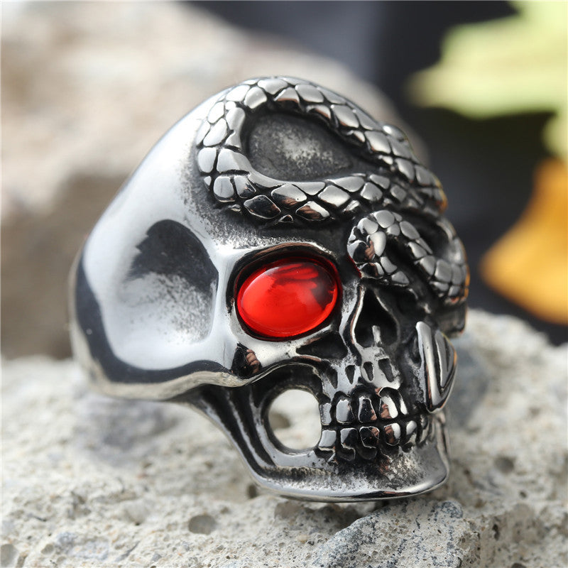 Titanium Steel Skull Head Snake King Ring for Men - Retro Punk Jewelry in European and American Style