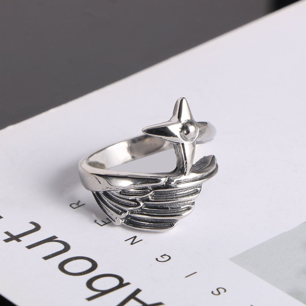Titanium Steel Angel Wings Ring for Men - Fashionable Feather Design Index Finger Accessory