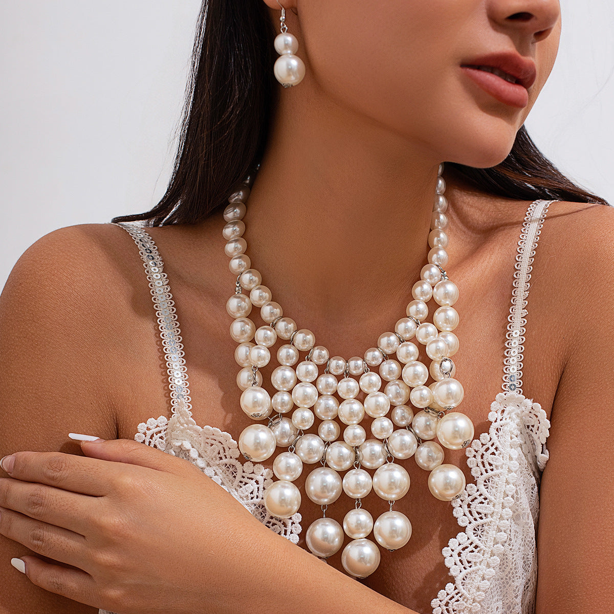 Pearl-Style Fringe Necklace & Earrings Set