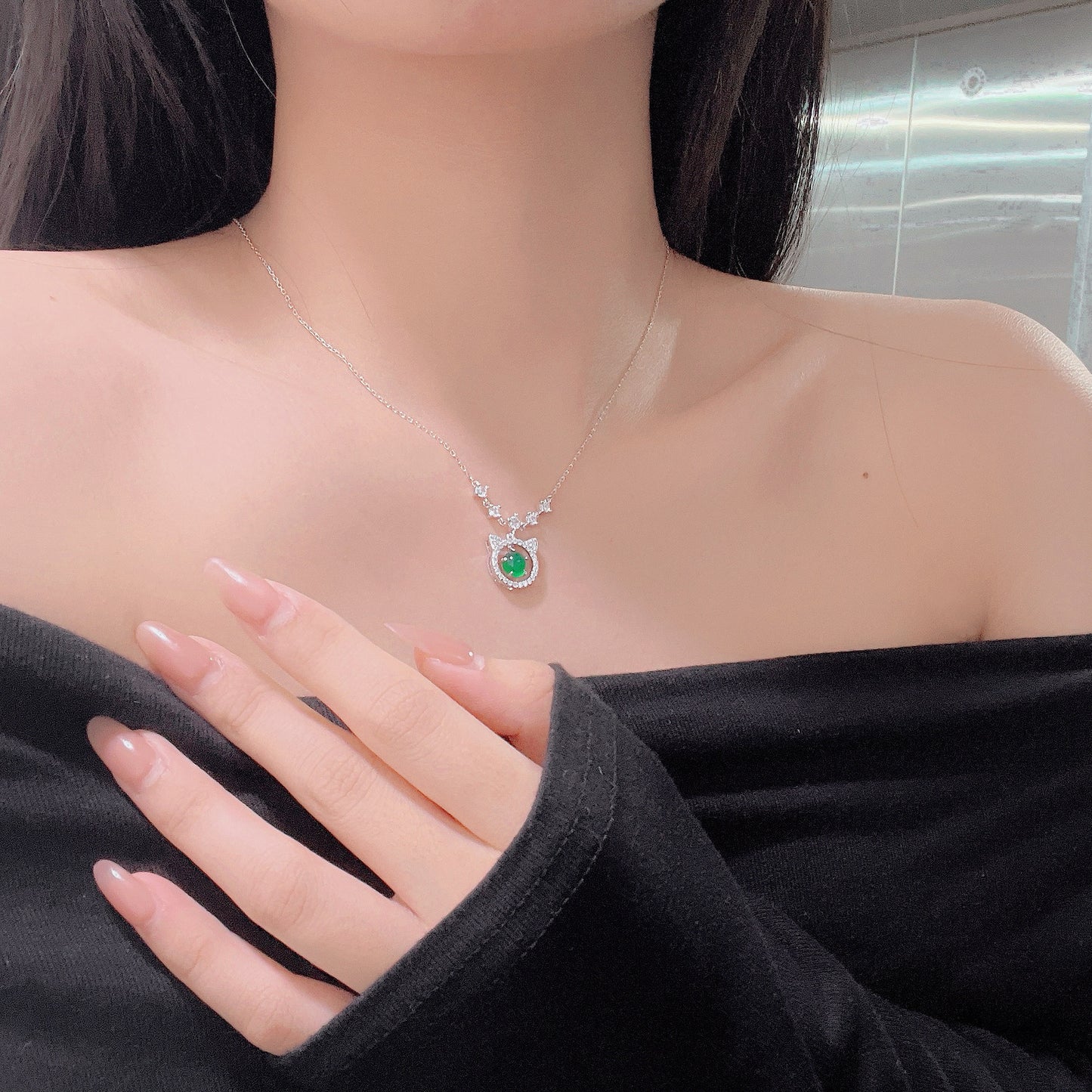 S925 Sterling Silver Cat Chalcedony Inlaid Necklace Female Cute Design