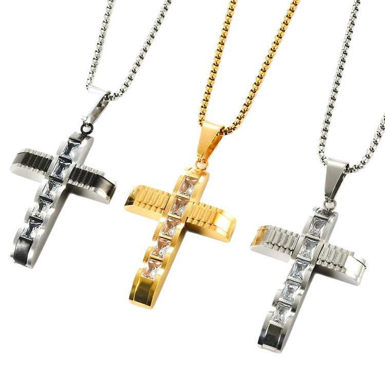 1. Planderful Everyday Genie Mens Cross Pendant Necklace In Stainless Steel With Zircon Inlay
