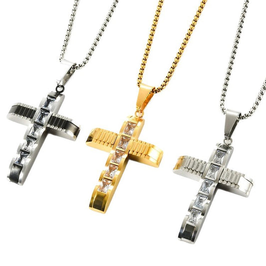 1. Planderful Everyday Genie Mens Cross Pendant Necklace In Stainless Steel With Zircon Inlay