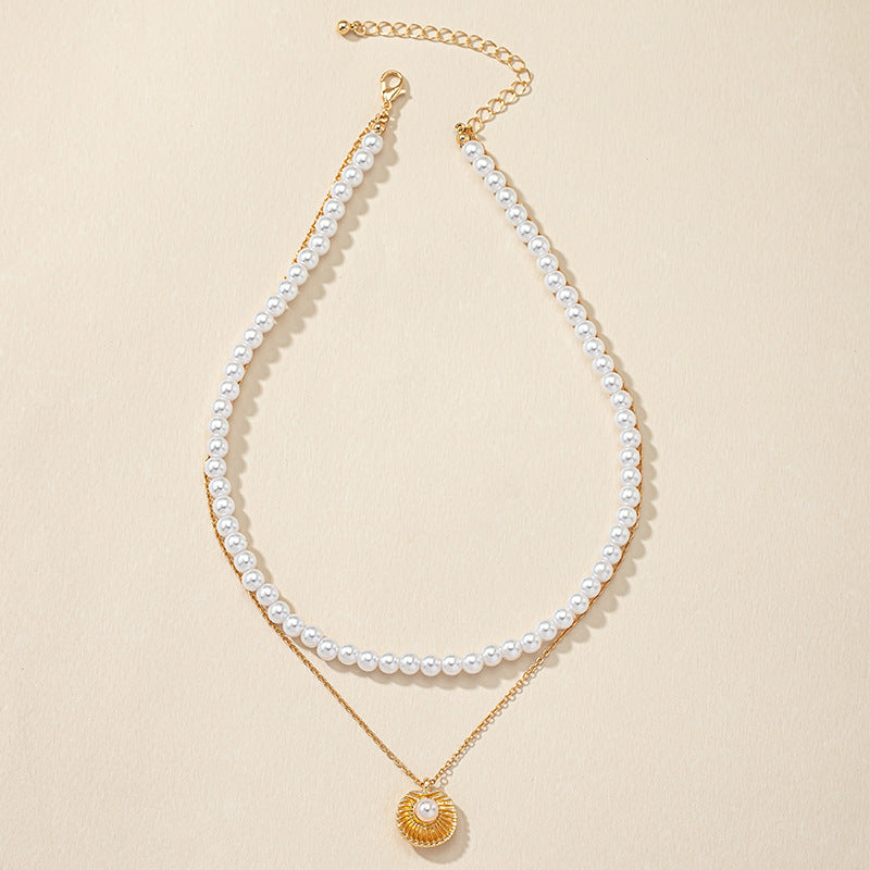 French Elegance Shell Pearl Pendant Necklace for Women with Double Layers