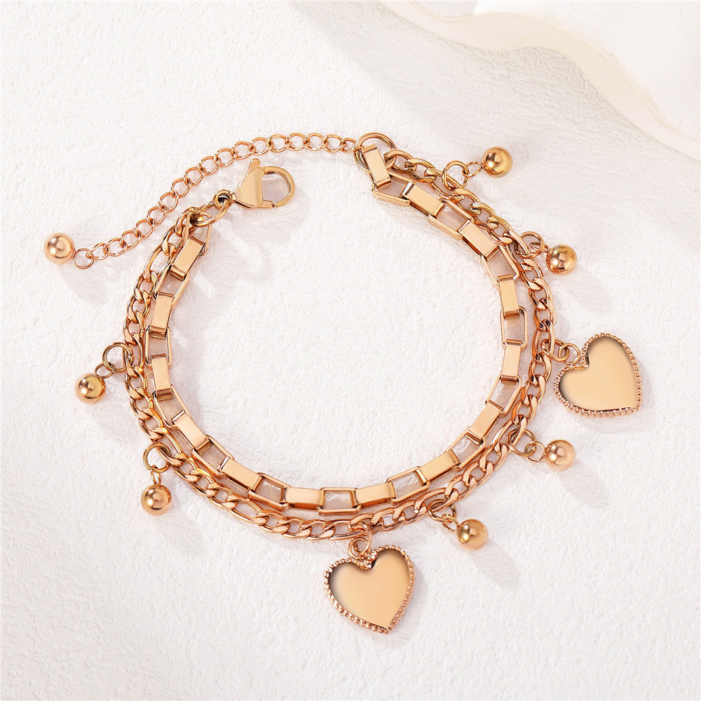 Planderful Double Layer Peach Heart Bead Bracelet Titanium Steel For Women Statement Jewelry