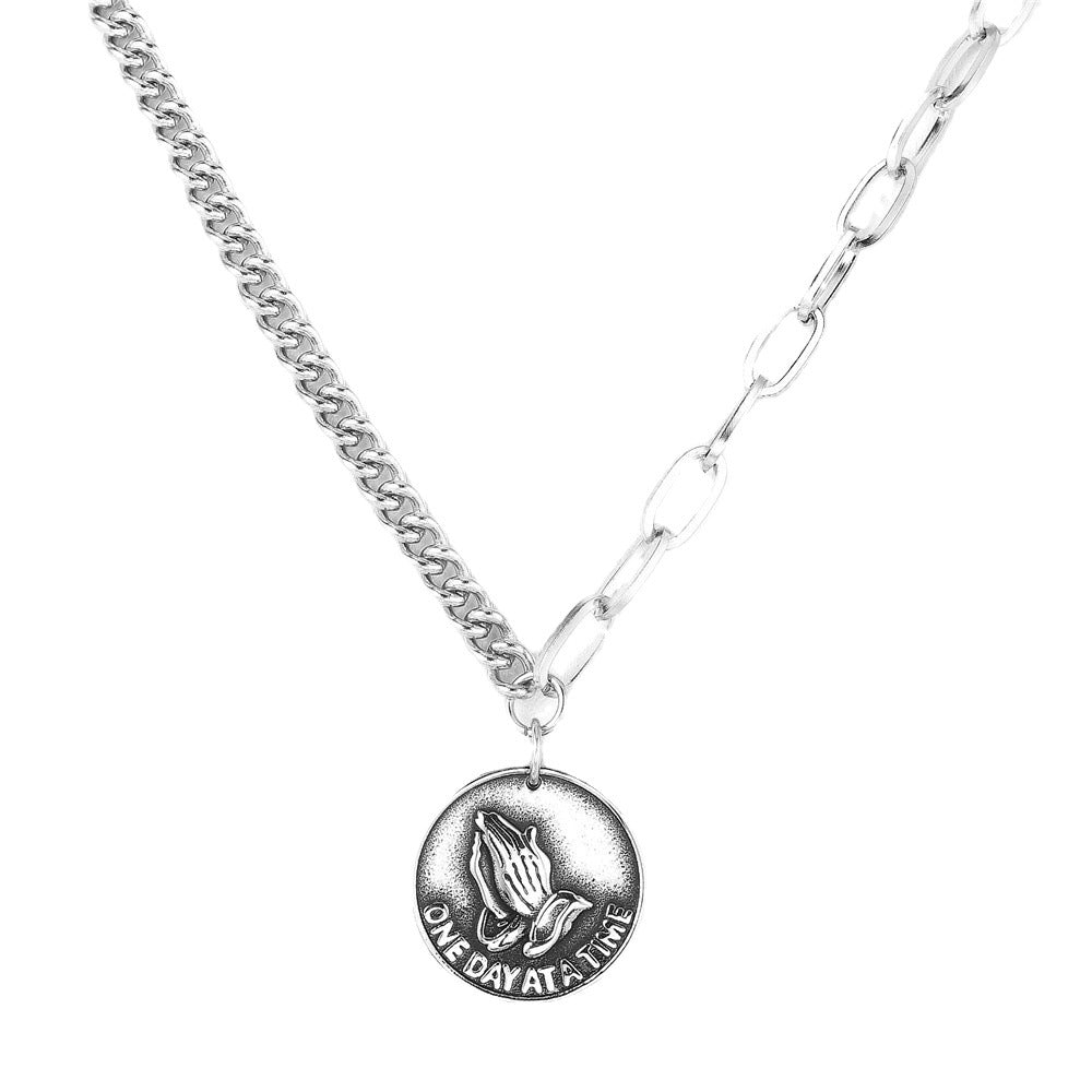 Planderful Double Hand Prayer Rock Necklace Stainless Steel Unisex Protection Pendant