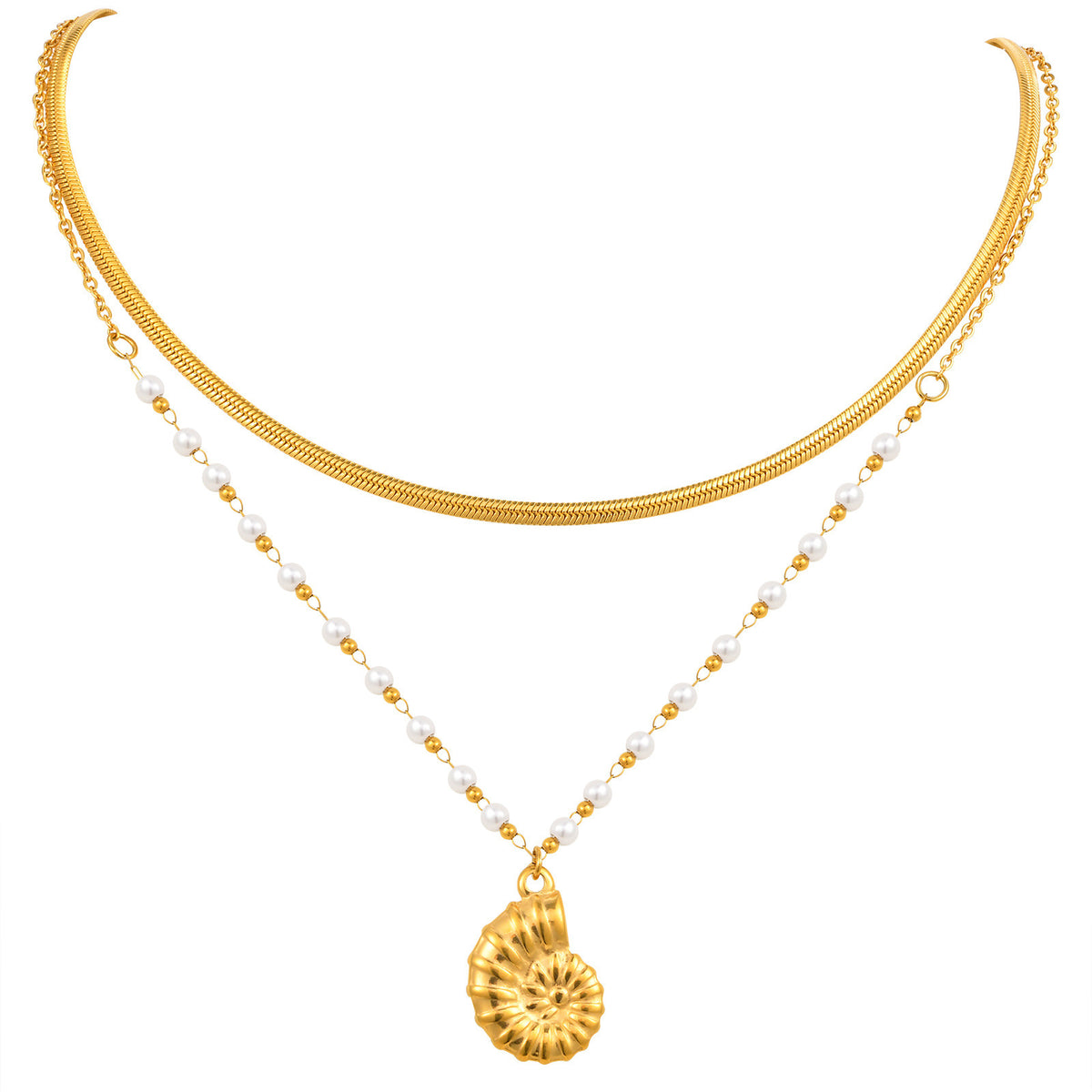 Summer Seaside Vacation Leisure Ocean Wind Stainless Steel Conch Double Layer Stacked Necklace