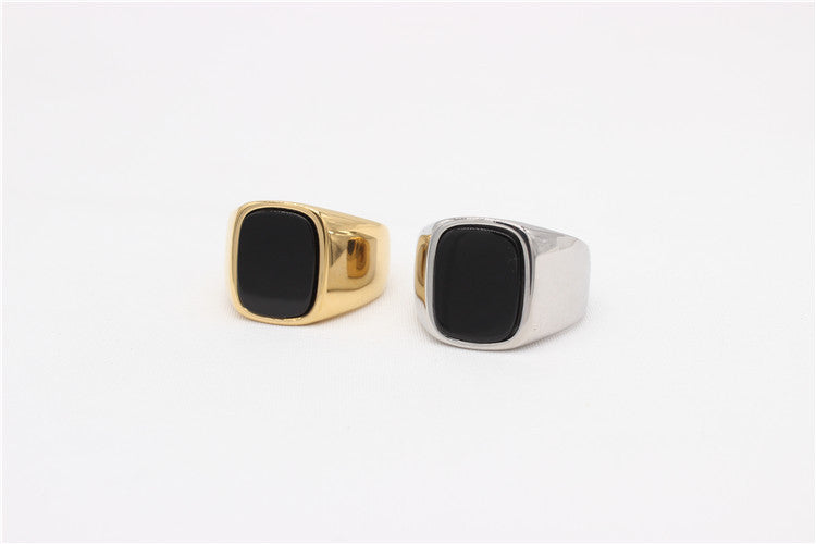 Planderful Everyday Genie Titanium Steel Ring for Men and Unisex Black Stone Rectangular Modern Protection