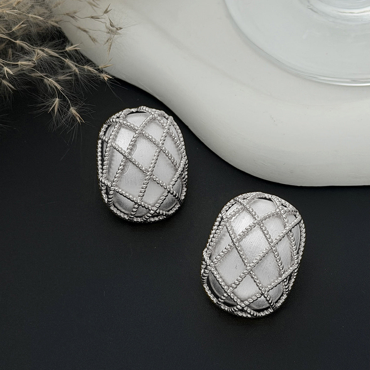 Planderful Vienna Verve Woven Mesh Brushed Stud Earrings For Women Retro Square Rhombus Statement Jewelry