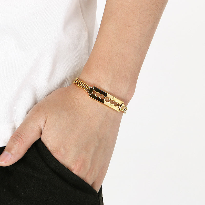 Men's Daily – Minimalist Woven Chain Curved Bar Blade Stainless Steel Bracelet Men
