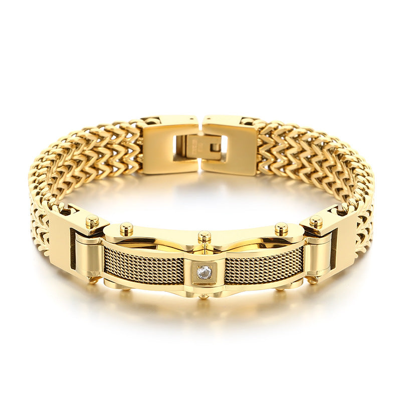 Buckle Front & Back Chain – Hip-Hop Zircon Weiya Line Mesh Curved Bar Stainless Bracelet