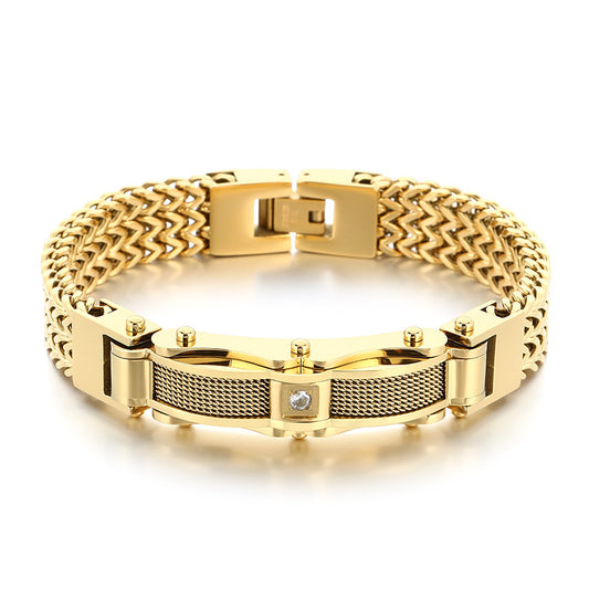 Buckle Front & Back Chain – Hip-Hop Zircon Weiya Line Mesh Curved Bar Stainless Bracelet