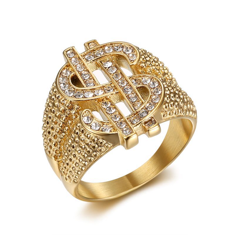 Planderful Everyday Genie Hip Hop Ring Bold Titanium Steel Gold Plated Zircon Dollar Symbol For Men