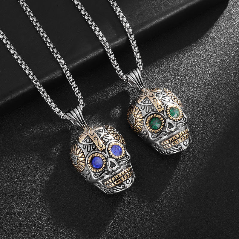 Planderful Skull Pendant Necklace Stainless Steel Gold Plated Blue Green Eyes Punk Jewelry For Boho Rockers