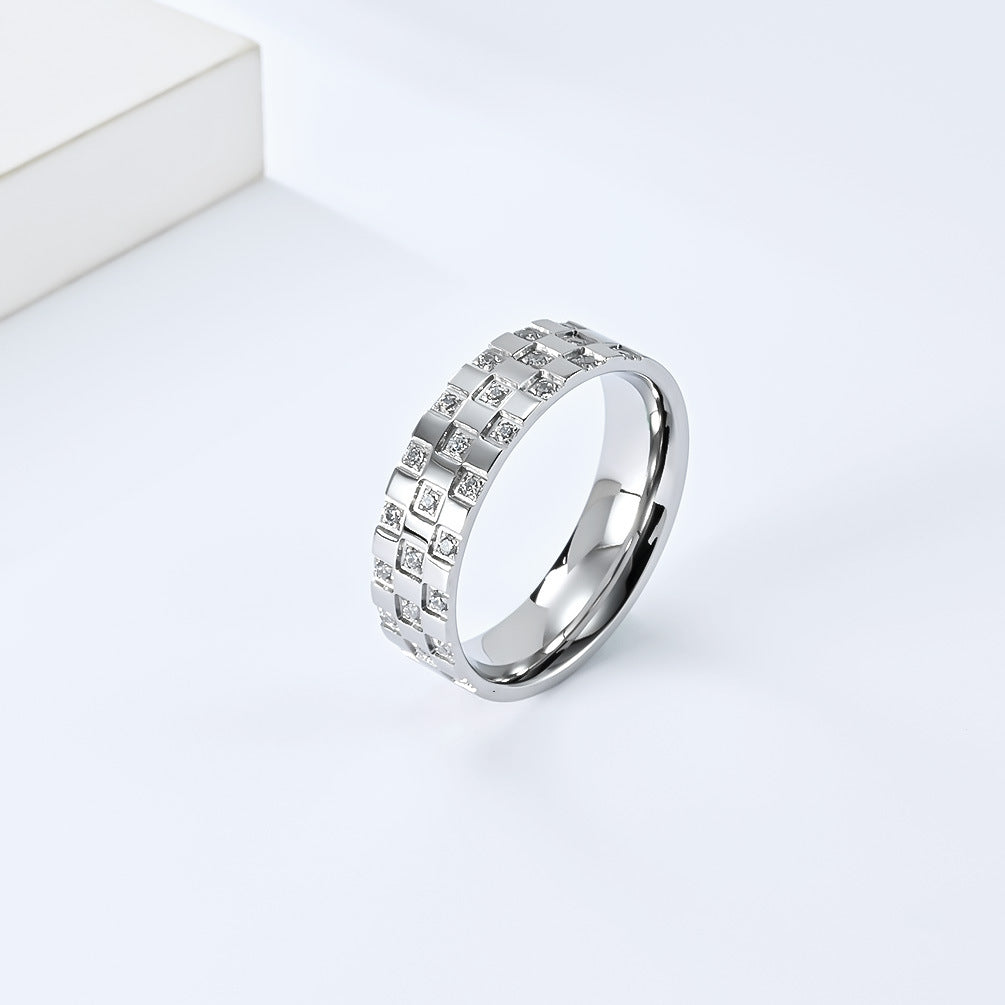 Planderful Zircon Ring Unisex Titanium Steel Inlaid Checkered Zircon For Couples Everyday Genie
