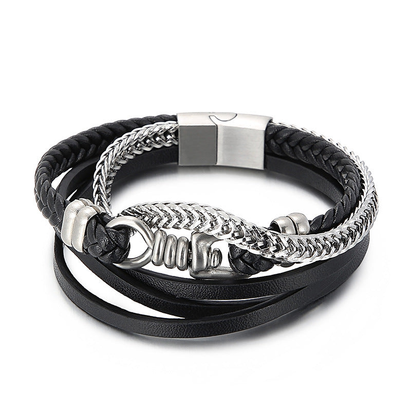 Planderful Men Leather Chain Bracelet Multi Layer Punk