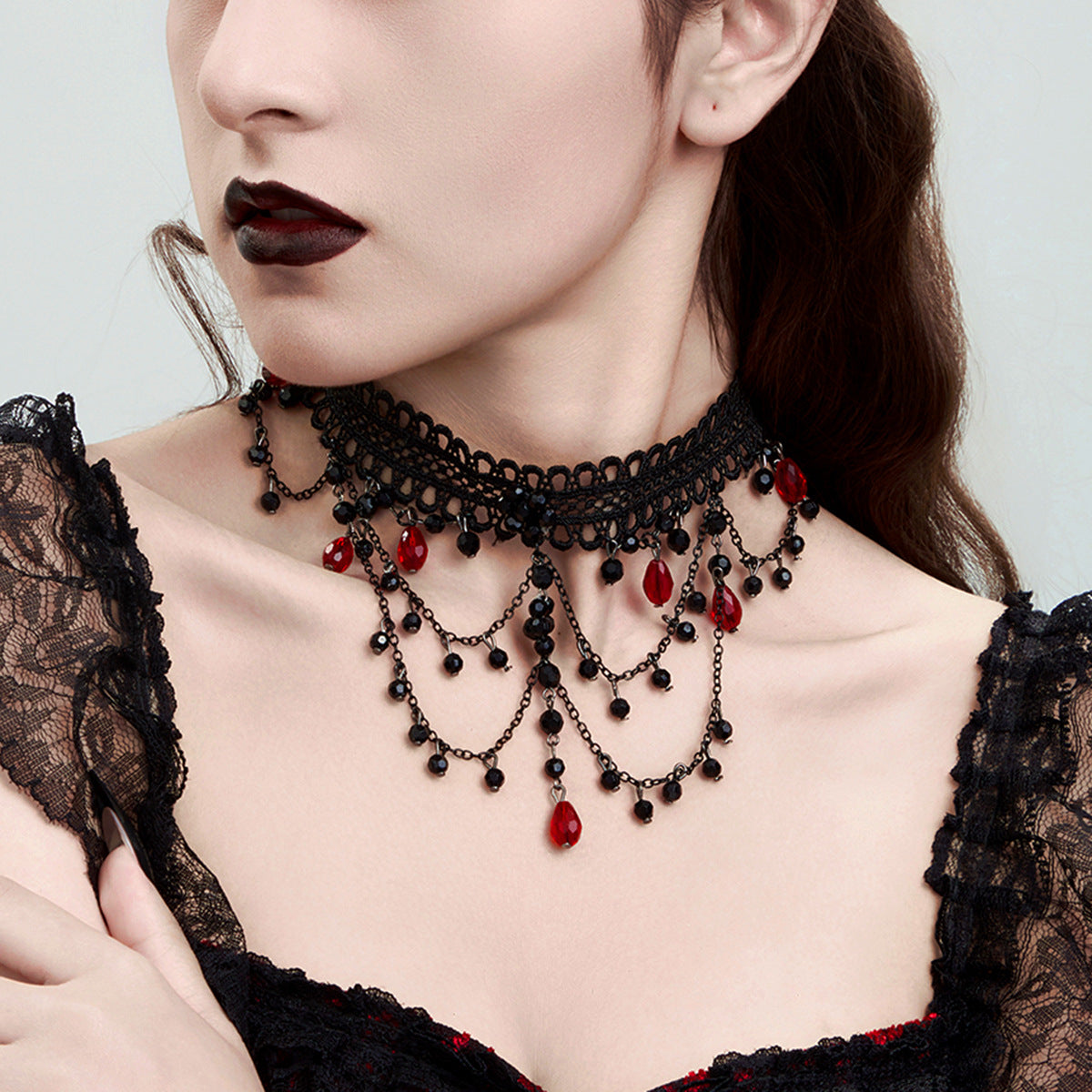Gothic Lace Red Crystal-Style Layered Necklace