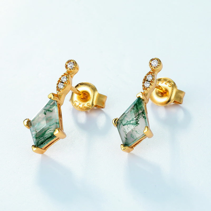 S925 Sterling Silver Moss Agate Minimalist Stud Earrings