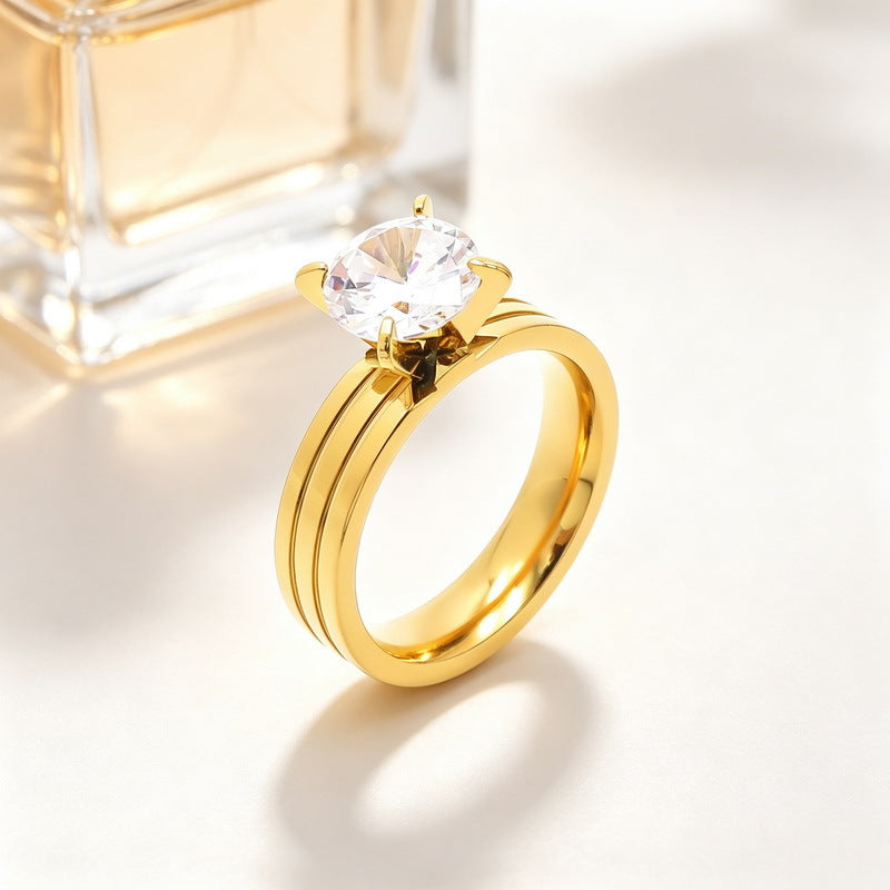 Four-Claw Zircon Double-Groove Ring, Fashionable Stainless Steel Couple Marriage Proposal, Women's