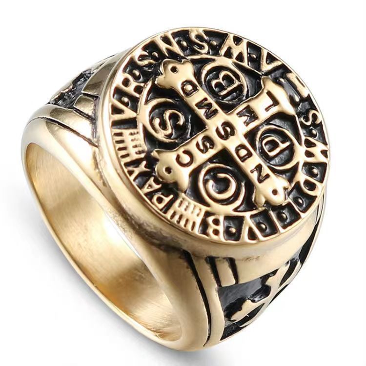 European and American Retro Stainless Steel Men's Ring Personalized Exorcism Saint Ben Cross Ring