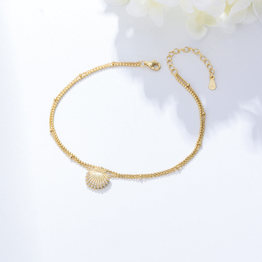 Hot Selling Foot Summer S925 Sterling Silver Shell Inlaid Zircon Anklet Girl Bracelet