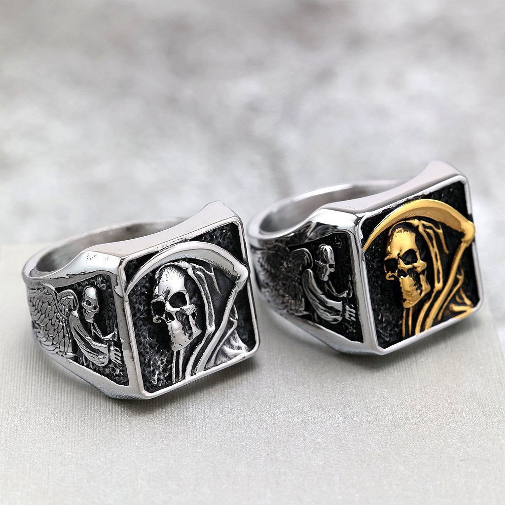 Planderful Gothic Reaper Ring For Men Stainless Titanium Steel Customizable Skull Sickle