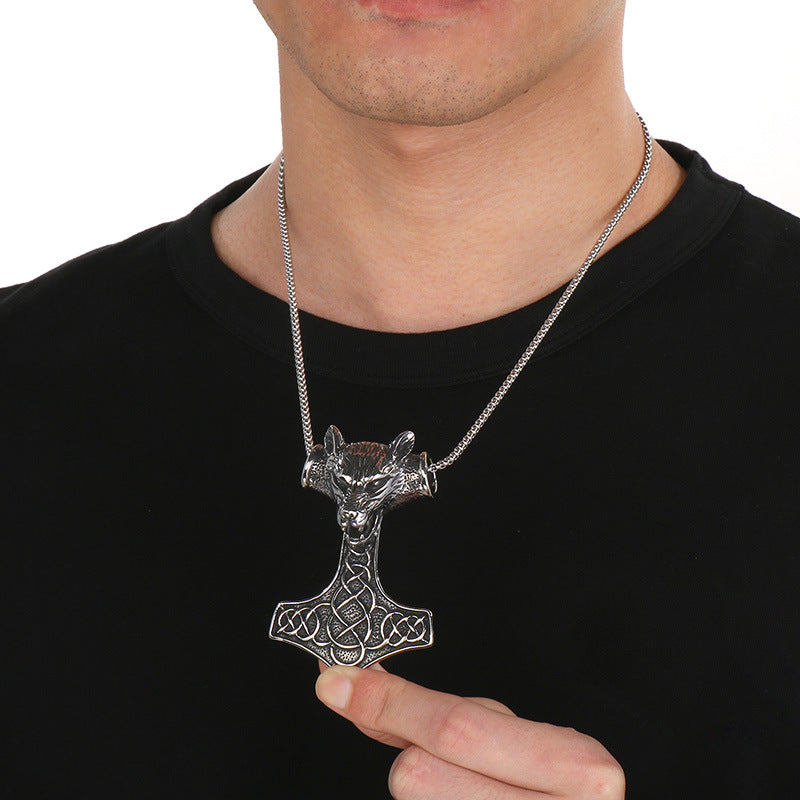 Retro Animal Pendant, Nordic Viking Wolf Head, Lion Head, Goat, Thor'S Hammer, Titanium Necklace