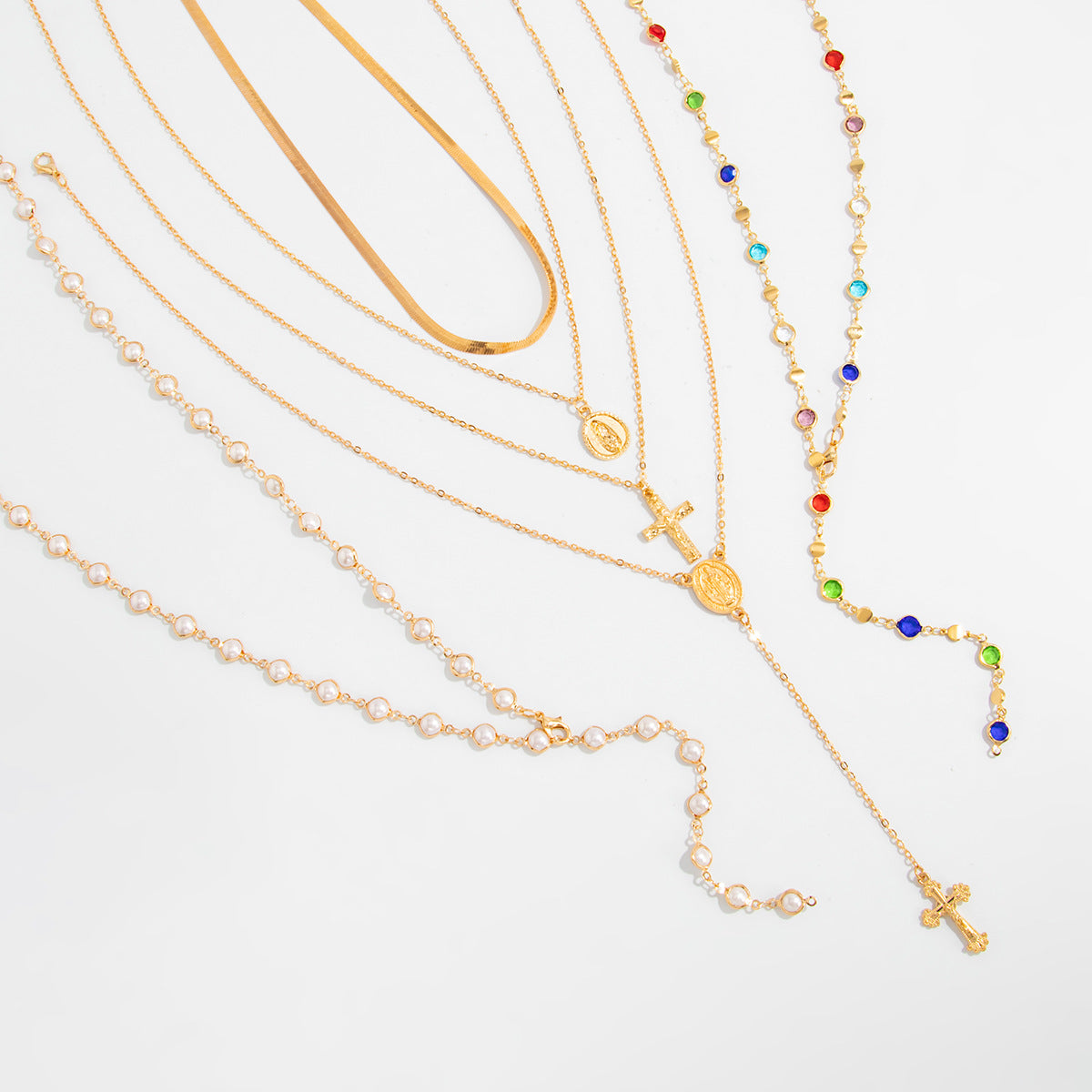 Sun Gem Pendant Stacked Necklace Color Crystal Y-Shaped Long Fringed Necklace
