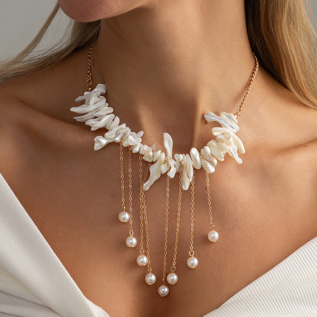 Irregular Shell Pearl Fringe Necklace