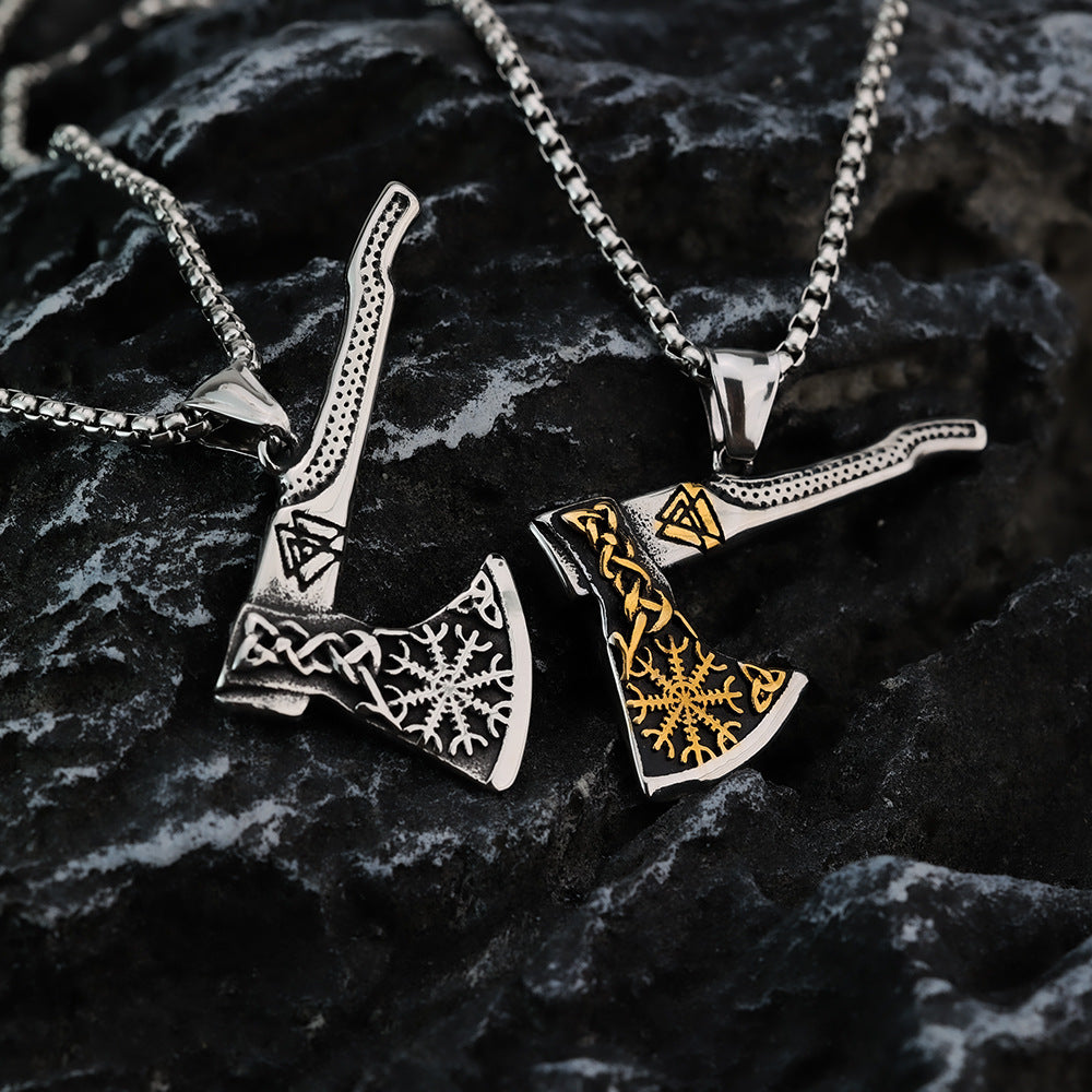 Planderful Norse Viking Pendant Double Sided Axe Compass Celtic Stainless Steel For Men