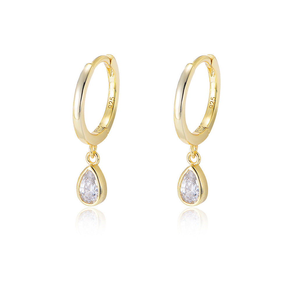 S925 Sterling Silver Drop-Shaped Zircon Earrings C-Shaped Ear Buckles Retro Classic Earrings