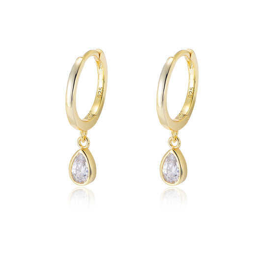S925 Sterling Silver Drop-Shaped Zircon Earrings C-Shaped Ear Buckles Retro Classic Earrings