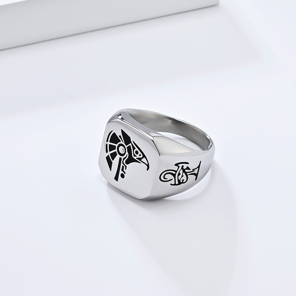 Planderful Horus Sky God Ring For Men Titanium Steel Egyptian Pharaoh Jewelry With Iconic Bold Design