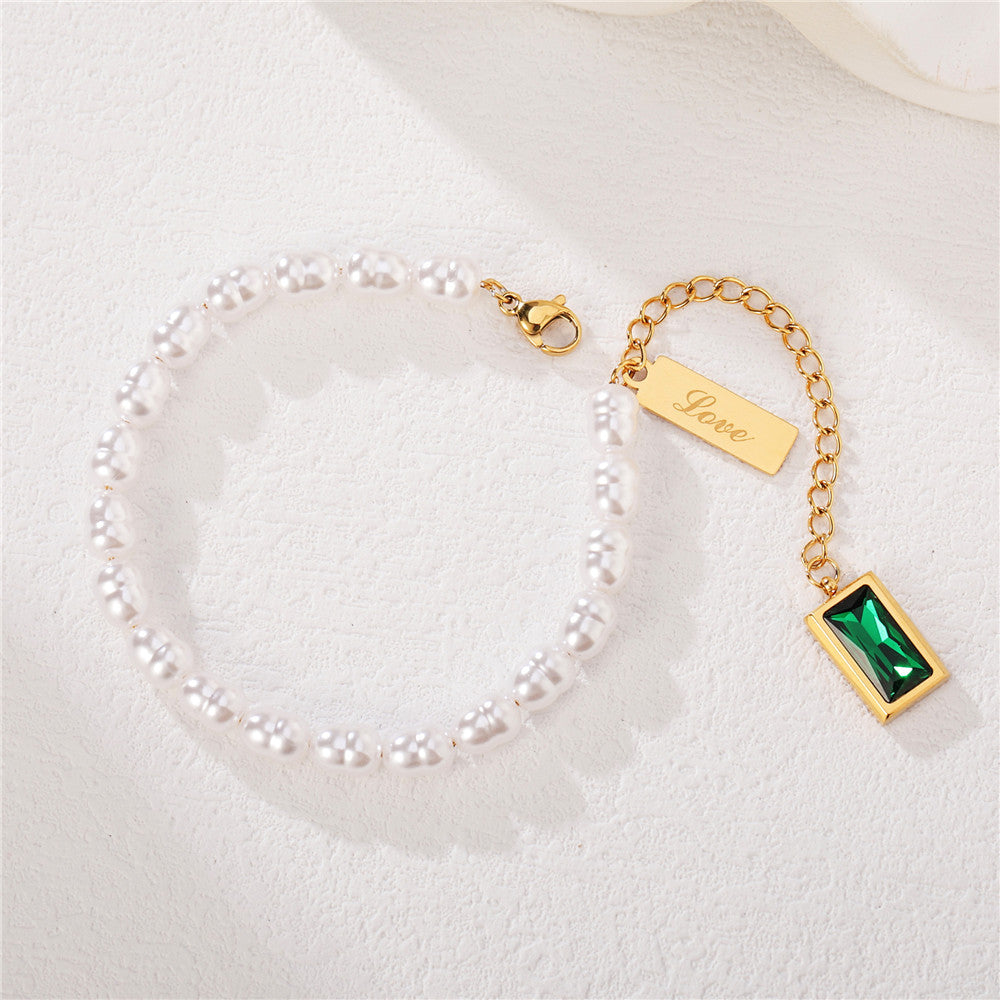 Green Zircon Pearl Bracelet For Women Titanium Steel By Planderful Elegant Statement Jewelry